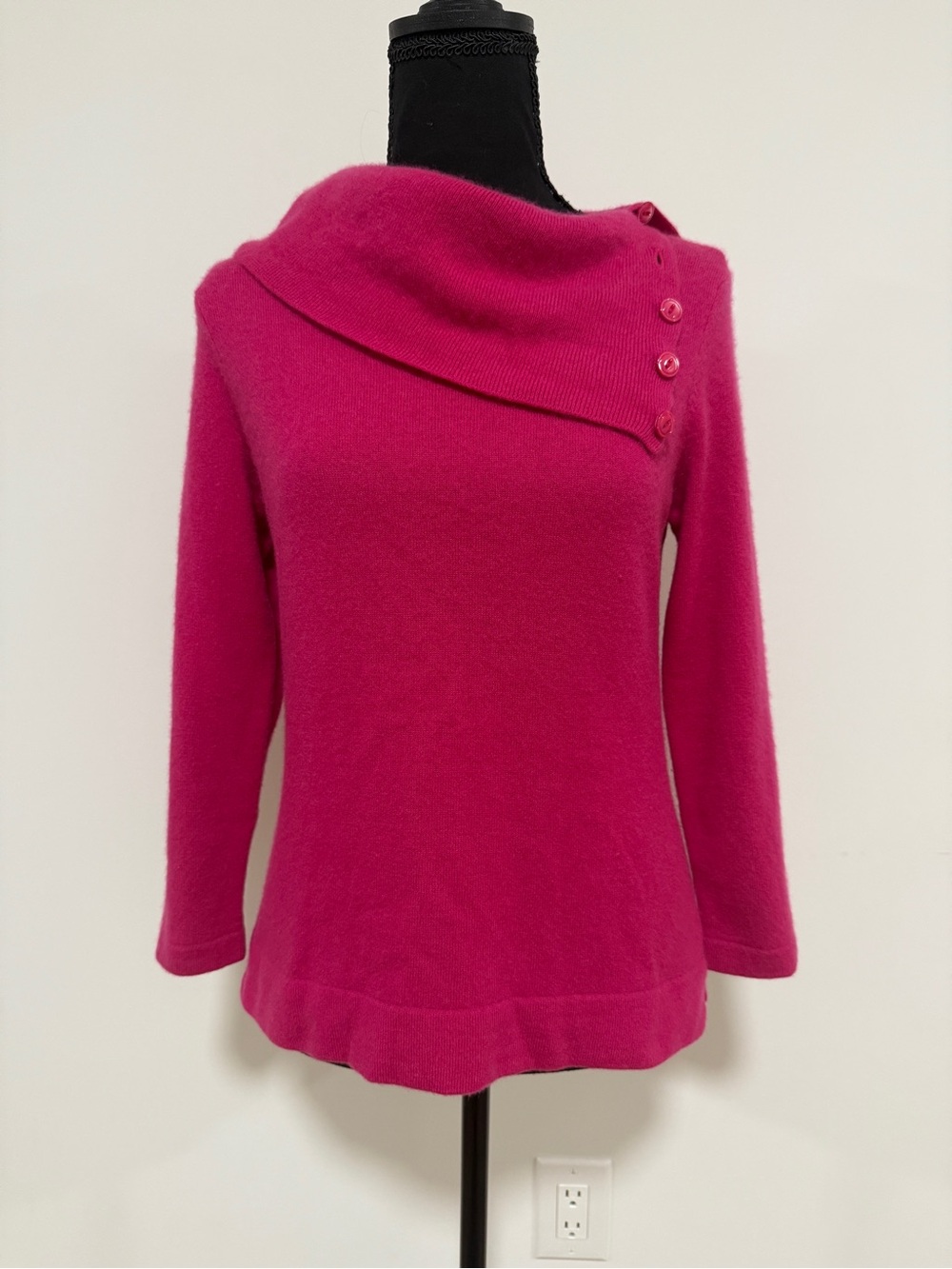 Jones New York 100% Cashmere Cowl Neck Top S/M Fuchsia Hot Pink 2-Way Sweater